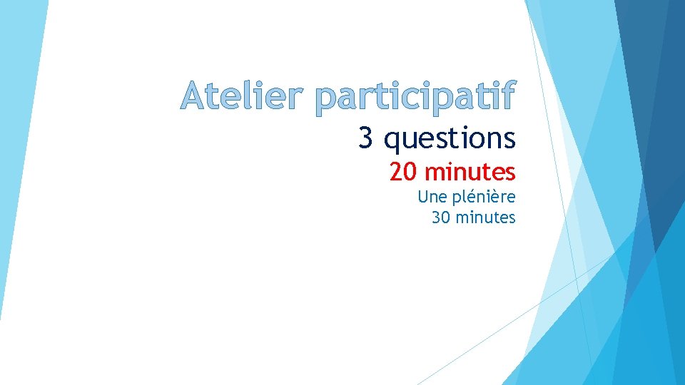 Atelier participatif 3 questions 20 minutes Une plénière 30 minutes Atelier participatif 3 questions 20 minutes Une plénière 30 minutes