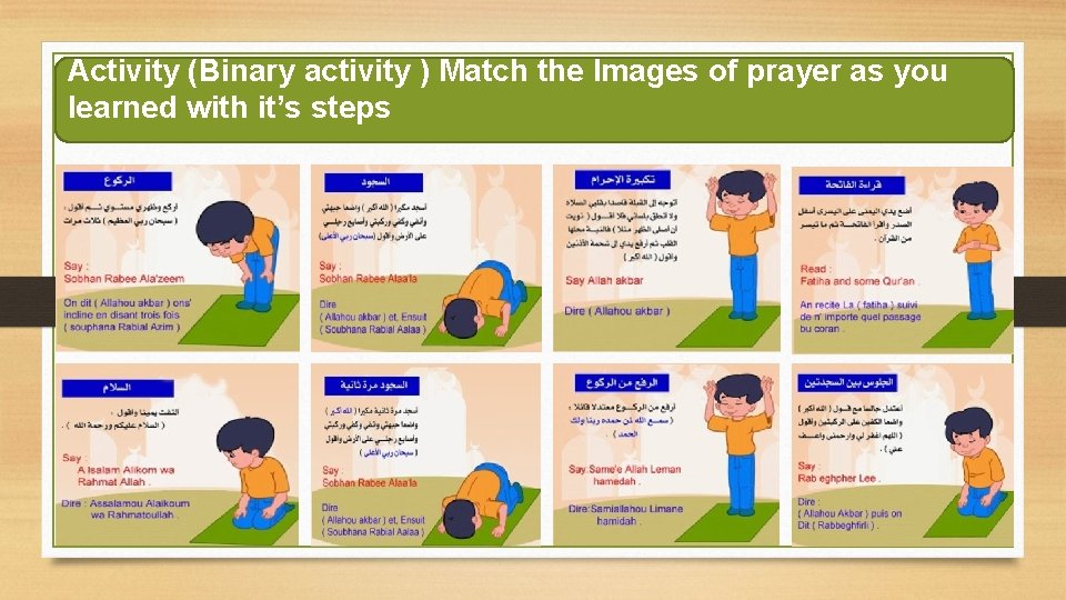 Activity (Binary activity ) Match the Images of prayer as you learned with it’s