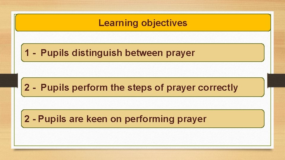 Learning objectives 1 - Pupils distinguish between prayer 2 - Pupils perform the steps Learning objectives 1 - Pupils distinguish between prayer 2 - Pupils perform the steps