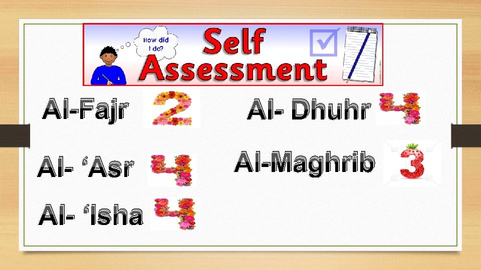 Al-Fajr Al- Dhuhr Al- ‘Asr Al-Maghrib Al- ‘Isha Al-Fajr Al- Dhuhr Al- ‘Asr Al-Maghrib Al- ‘Isha