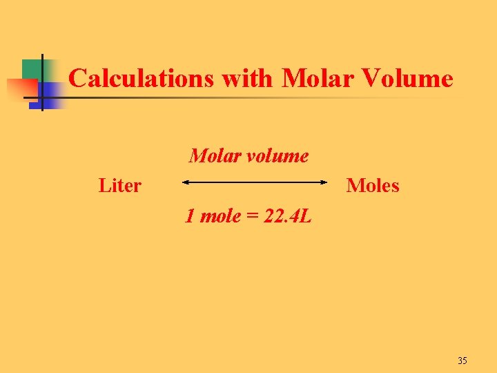 Calculations with Molar Volume Molar volume Liter Moles 1 mole = 22. 4 L