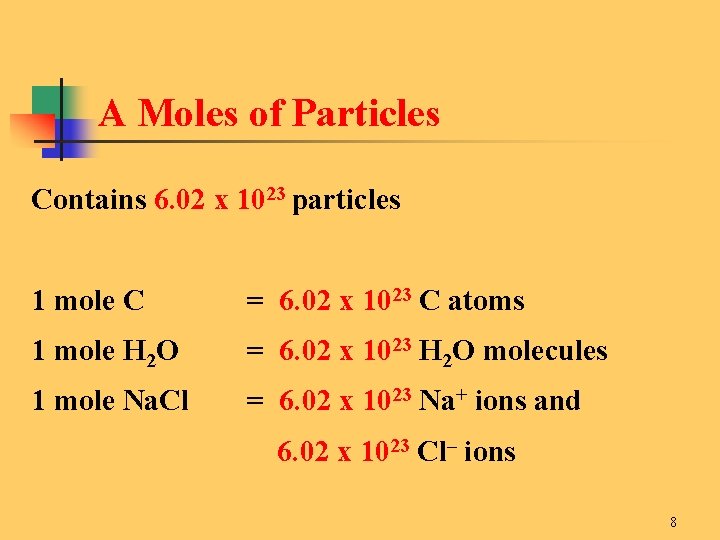 A Moles of Particles Contains 6. 02 x 1023 particles 1 mole C 1