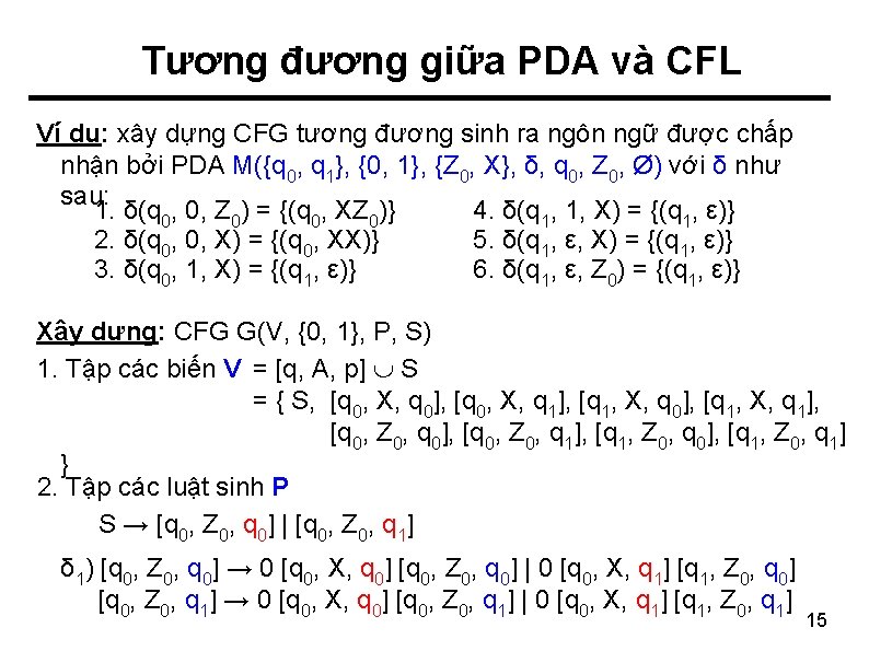 Tương đương giữa PDA và CFL Ví dụ: xây dựng CFG tương đương sinh