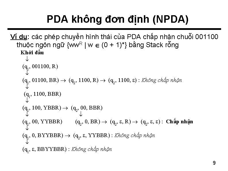 PDA không đơn định (NPDA) Ví dụ: các phép chuyển hình thái của PDA