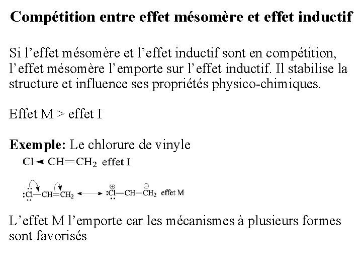 Compétition entre effet mésomère et effet inductif Si l’effet mésomère et l’effet inductif sont