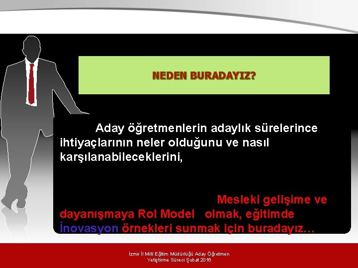 . NEDEN BURADAYIZ? Aday öğretmenlerin adaylık sürelerince ihtiyaçlarının neler olduğunu ve nasıl karşılanabileceklerini, Değerlendirme . NEDEN BURADAYIZ? Aday öğretmenlerin adaylık sürelerince ihtiyaçlarının neler olduğunu ve nasıl karşılanabileceklerini, Değerlendirme