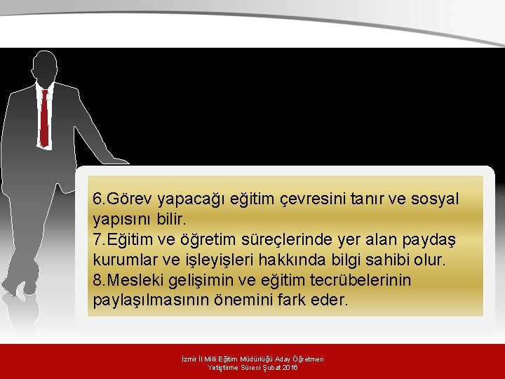 6. Görev yapacağı eğitim çevresini tanır ve sosyal yapısını bilir. 7. Eğitim ve öğretim 6. Görev yapacağı eğitim çevresini tanır ve sosyal yapısını bilir. 7. Eğitim ve öğretim