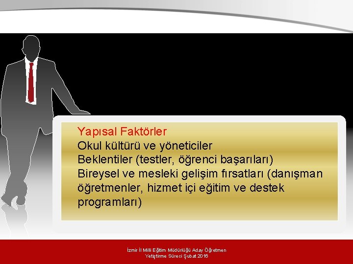 Yapısal Faktörler Okul kültürü ve yöneticiler Beklentiler (testler, öğrenci başarıları) Bireysel ve mesleki gelişim Yapısal Faktörler Okul kültürü ve yöneticiler Beklentiler (testler, öğrenci başarıları) Bireysel ve mesleki gelişim