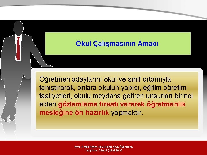 Okul Çalışmasının Amacı Öğretmen adaylarını okul ve sınıf ortamıyla tanıştırarak, onlara okulun yapısı, eğitim Okul Çalışmasının Amacı Öğretmen adaylarını okul ve sınıf ortamıyla tanıştırarak, onlara okulun yapısı, eğitim