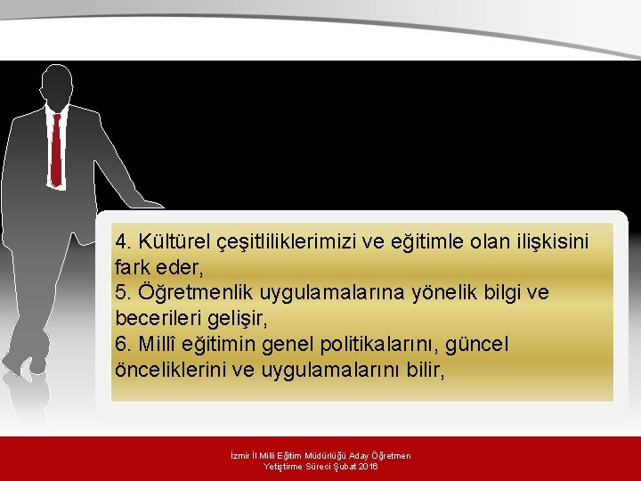 4. Kültürel çeşitliliklerimizi ve eğitimle olan ilişkisini fark eder, 5. Öğretmenlik uygulamalarına yönelik bilgi 4. Kültürel çeşitliliklerimizi ve eğitimle olan ilişkisini fark eder, 5. Öğretmenlik uygulamalarına yönelik bilgi