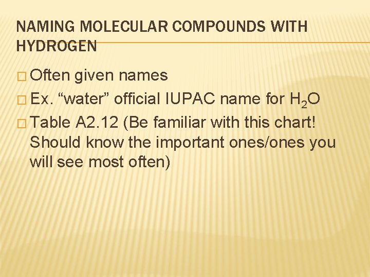 NAMING MOLECULAR COMPOUNDS WITH HYDROGEN � Often given names � Ex. “water” official IUPAC NAMING MOLECULAR COMPOUNDS WITH HYDROGEN � Often given names � Ex. “water” official IUPAC