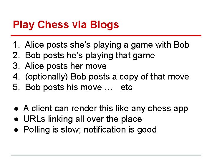 Play Chess via Blogs 1. 2. 3. 4. 5. Alice posts she’s playing a Play Chess via Blogs 1. 2. 3. 4. 5. Alice posts she’s playing a