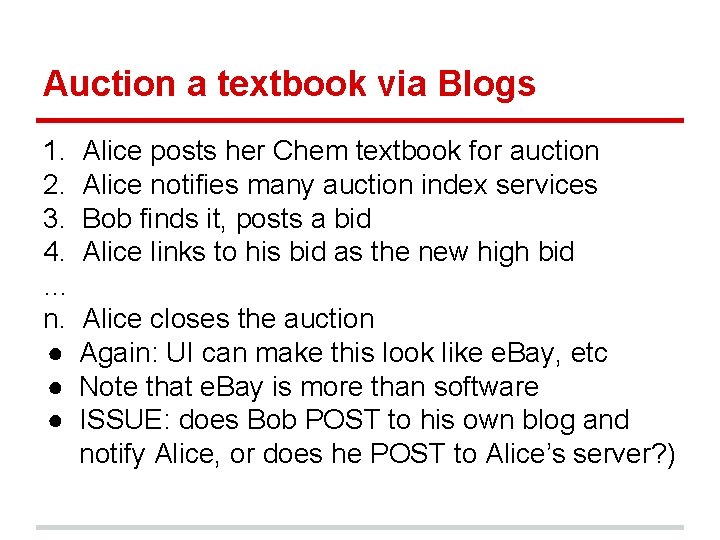 Auction a textbook via Blogs 1. Alice posts her Chem textbook for auction 2. Auction a textbook via Blogs 1. Alice posts her Chem textbook for auction 2.