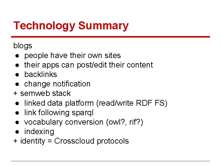 Technology Summary blogs ● people have their own sites ● their apps can post/edit Technology Summary blogs ● people have their own sites ● their apps can post/edit