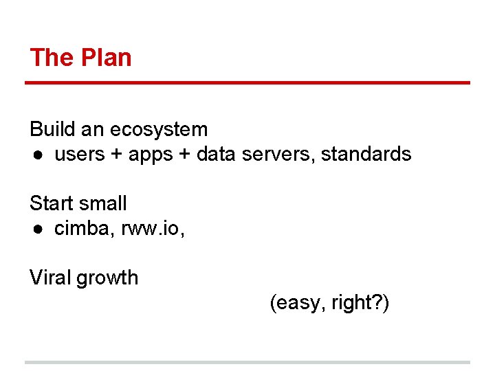 The Plan Build an ecosystem ● users + apps + data servers, standards Start The Plan Build an ecosystem ● users + apps + data servers, standards Start