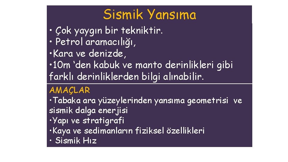 Sismik Yansıma • Çok yaygın bir tekniktir. • Petrol aramacılığı, • Kara ve denizde,