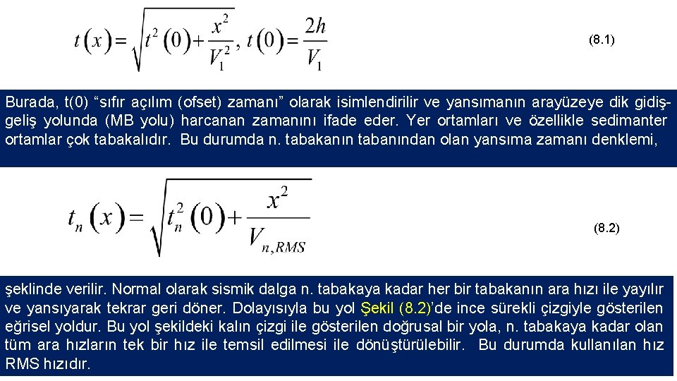 (8. 1) Burada, t(0) “sıfır açılım (ofset) zamanı” olarak isimlendirilir ve yansımanın arayüzeye dik