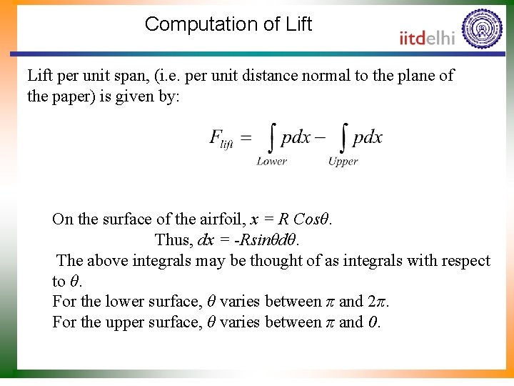 Computation of Lift per unit span, (i. e. per unit distance normal to the