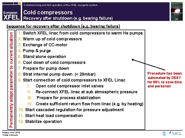 Commissioning and first operation of the XFEL cryogenic system Cold compressors Recovery after shutdown