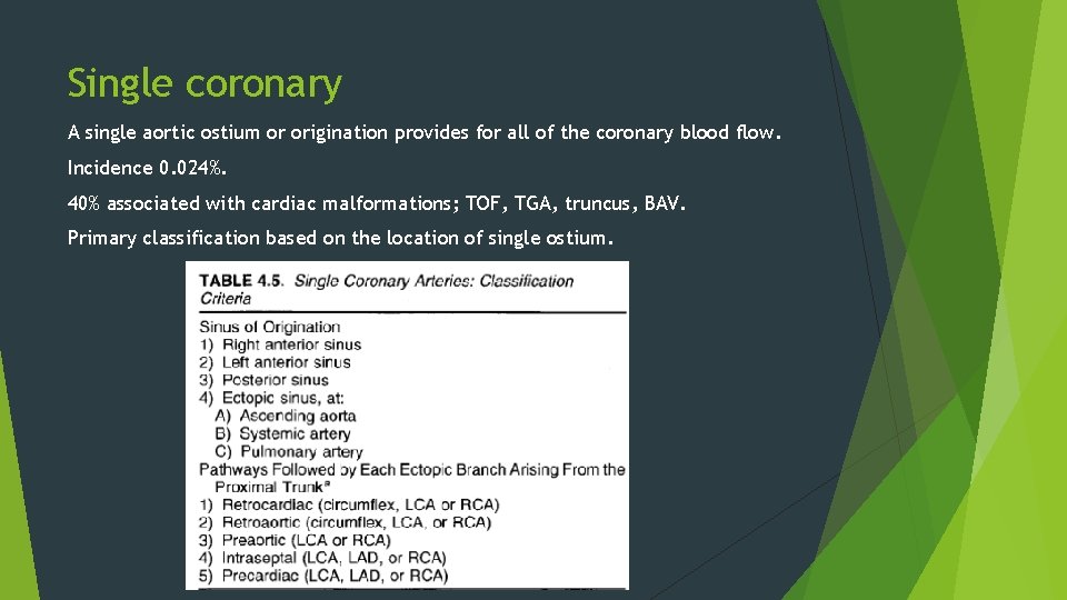 Single coronary A single aortic ostium or origination provides for all of the coronary