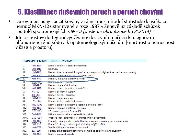 5. Klasifikace duševních poruch a poruch chování • • Duševní poruchy specifikovány v rámci