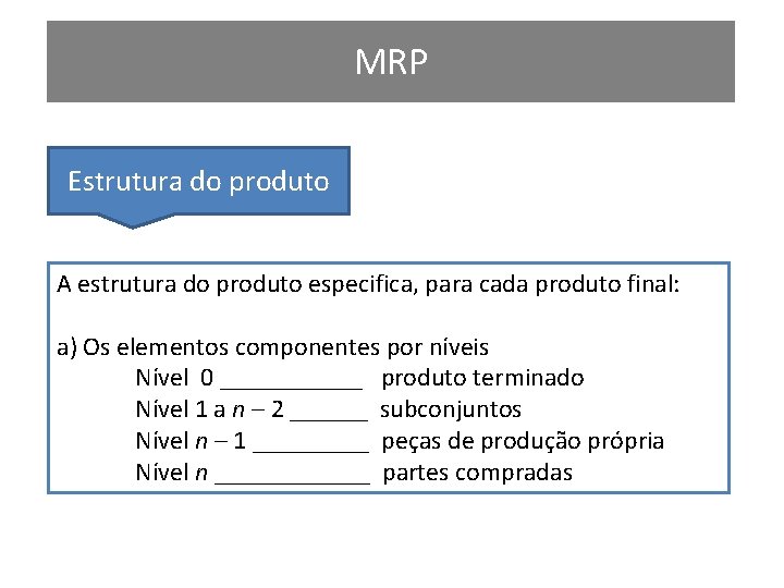 MRP Estrutura do produto A estrutura do produto especifica, para cada produto final: a)