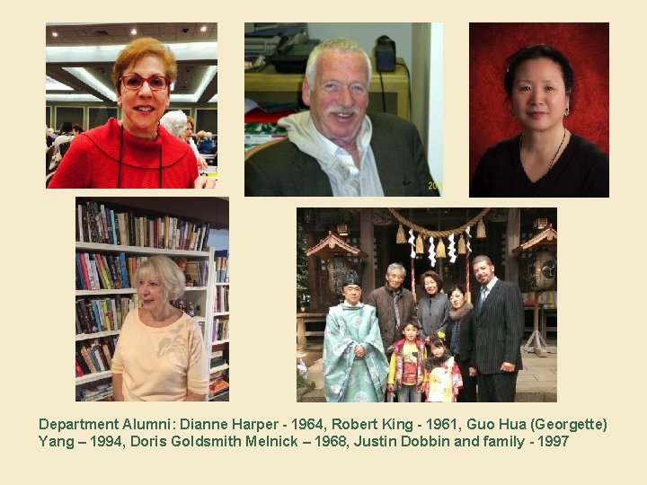 Department Alumni: Dianne Harper - 1964, Robert King - 1961, Guo Hua (Georgette) Yang
