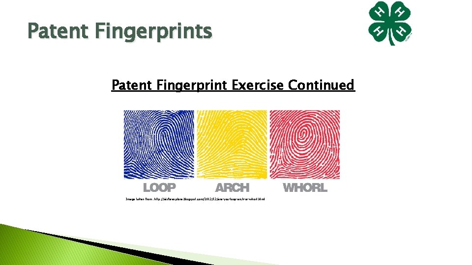Patent Fingerprints Patent Fingerprint Exercise Continued Image taken from: http: //eisforexplore. blogspot. com/2012/12/are-you-loop-arch-or-whorl. html Patent Fingerprints Patent Fingerprint Exercise Continued Image taken from: http: //eisforexplore. blogspot. com/2012/12/are-you-loop-arch-or-whorl. html