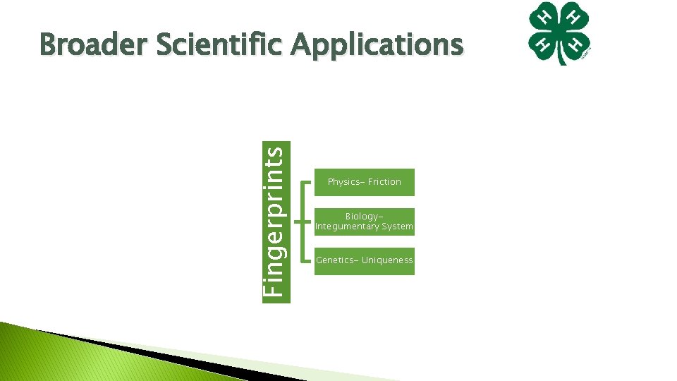 Fingerprints Broader Scientific Applications Physics- Friction Biology. Integumentary System Genetics- Uniqueness Fingerprints Broader Scientific Applications Physics- Friction Biology. Integumentary System Genetics- Uniqueness