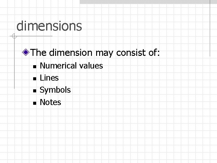 dimensions The dimension may consist of: n n Numerical values Lines Symbols Notes 