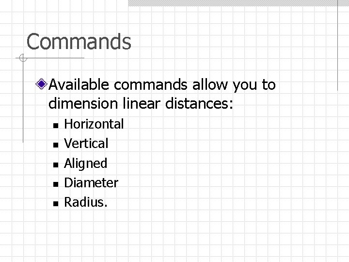 Commands Available commands allow you to dimension linear distances: n n n Horizontal Vertical