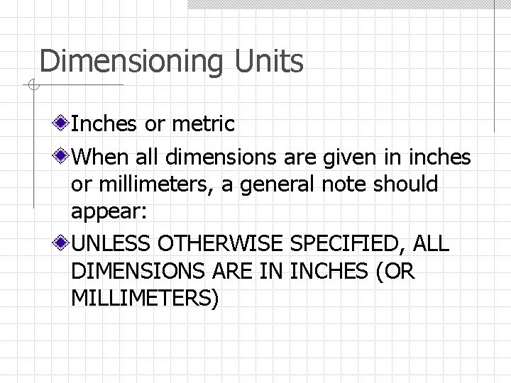 Dimensioning Units Inches or metric When all dimensions are given in inches or millimeters,