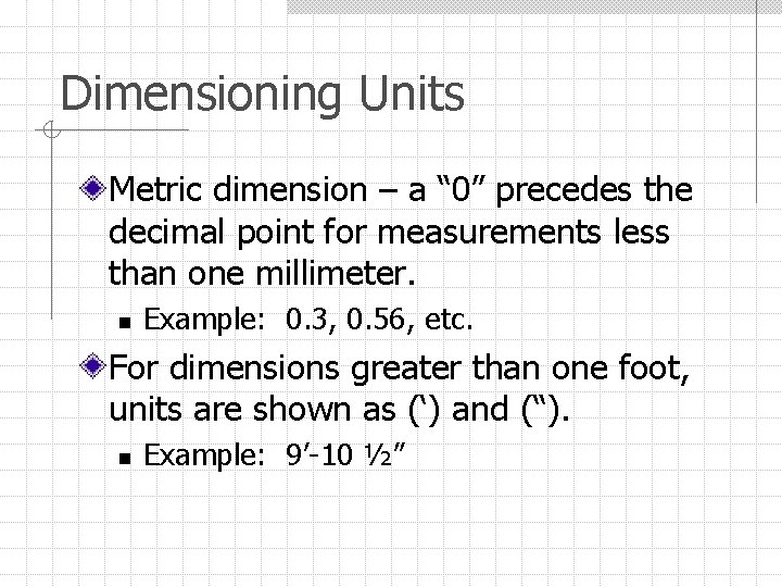 Dimensioning Units Metric dimension – a “ 0” precedes the decimal point for measurements