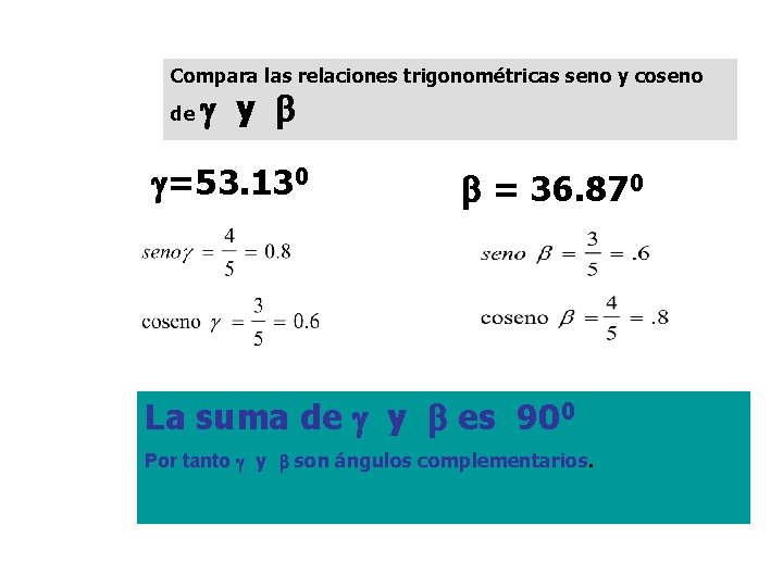 Compara las relaciones trigonométricas seno y coseno de y =53. 130 = 36. 870