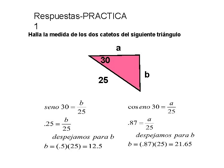 Respuestas-PRACTICA 1 Halla la medida de los dos catetos del siguiente triángulo a 30