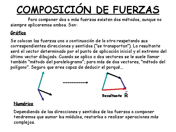 COMPOSICIÓN DE FUERZAS Para componer dos o más fuerzas existen dos métodos, aunque no