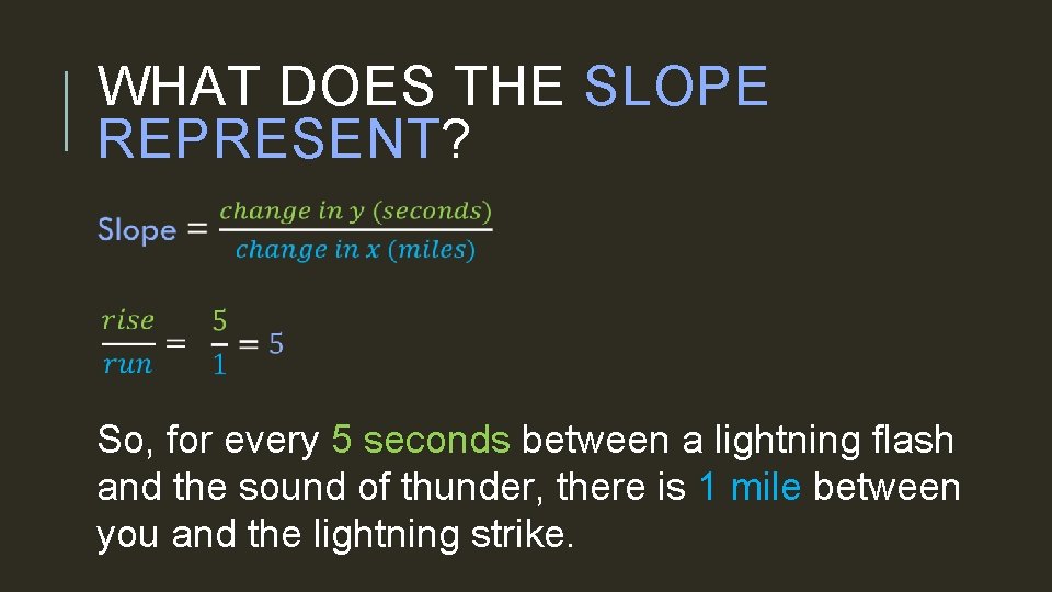 WHAT DOES THE SLOPE REPRESENT? So, for every 5 seconds between a lightning flash