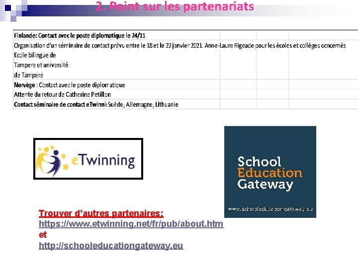 2. Point sur les partenariats Trouver d’autres partenaires: https: //www. etwinning. net/fr/pub/about. htm et