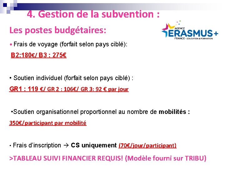 4. Gestion de la subvention : Les postes budgétaires: • Frais de voyage (forfait