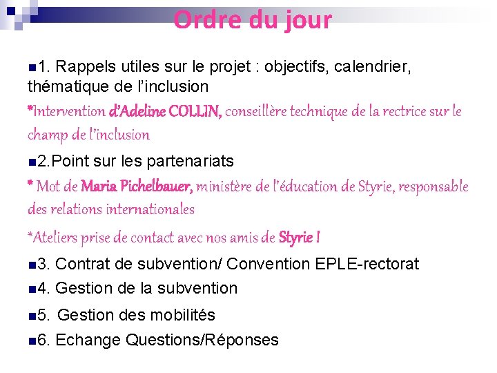 Ordre du jour n 1. Rappels utiles sur le projet : objectifs, calendrier, thématique