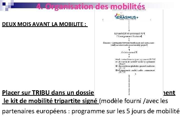 4. Organisation des mobilités DEUX MOIS AVANT LA MOBILITE : Placer sur TRIBU dans