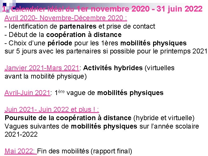 1. Calendrier idéal du 1 er novembre 2020 - 31 juin 2022 Avril 2020