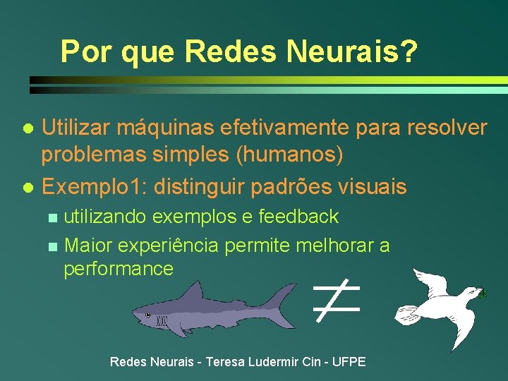 Por que Redes Neurais? Utilizar máquinas efetivamente para resolver problemas simples (humanos) l Exemplo