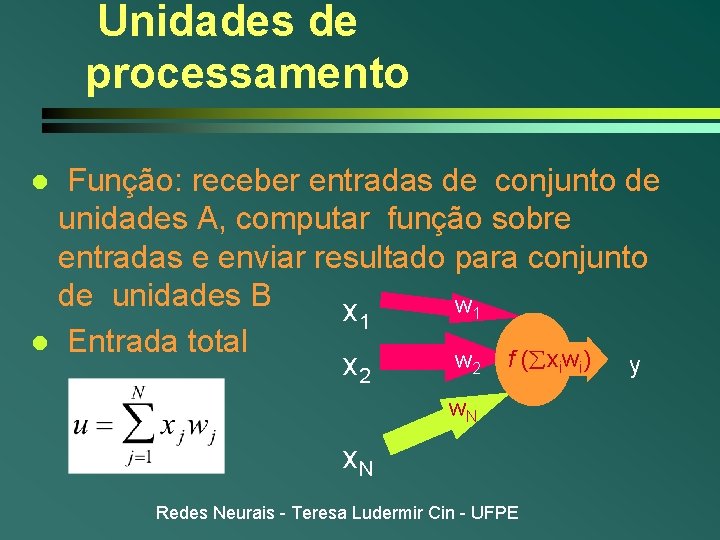 Unidades de processamento Função: receber entradas de conjunto de unidades A, computar função sobre