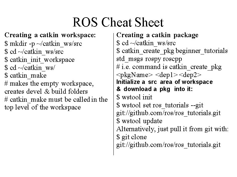 ROS Cheat Sheet Creating a catkin workspace: $ mkdir -p ~/catkin_ws/src $ cd ~/catkin_ws/src