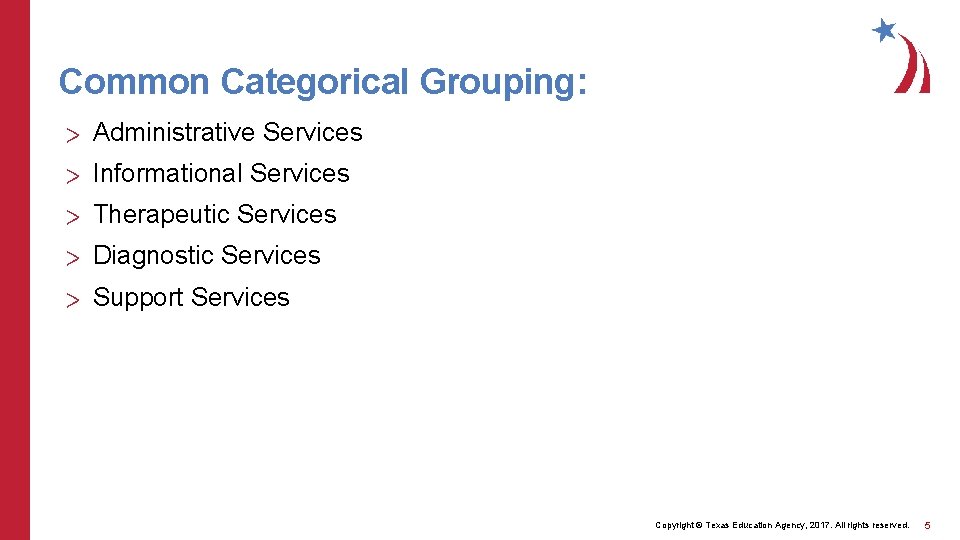 Common Categorical Grouping: > Administrative Services > Informational Services > Therapeutic Services > Diagnostic