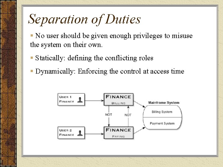 Separation of Duties § No user should be given enough privileges to misuse the