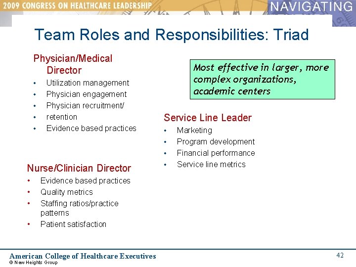 Team Roles and Responsibilities: Triad Physician/Medical Director • • • Utilization management Physician engagement