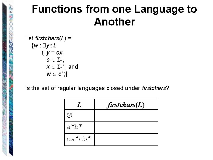 Functions from one Language to Another Let firstchars(L) = {w : y L (