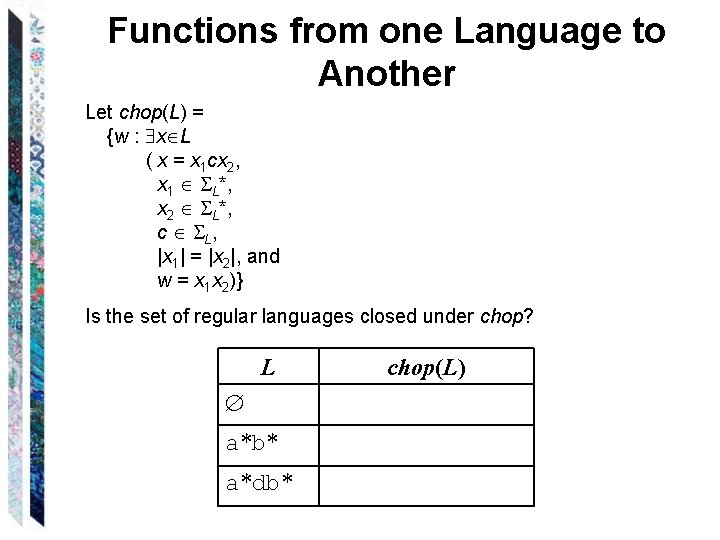 Functions from one Language to Another Let chop(L) = {w : x L (